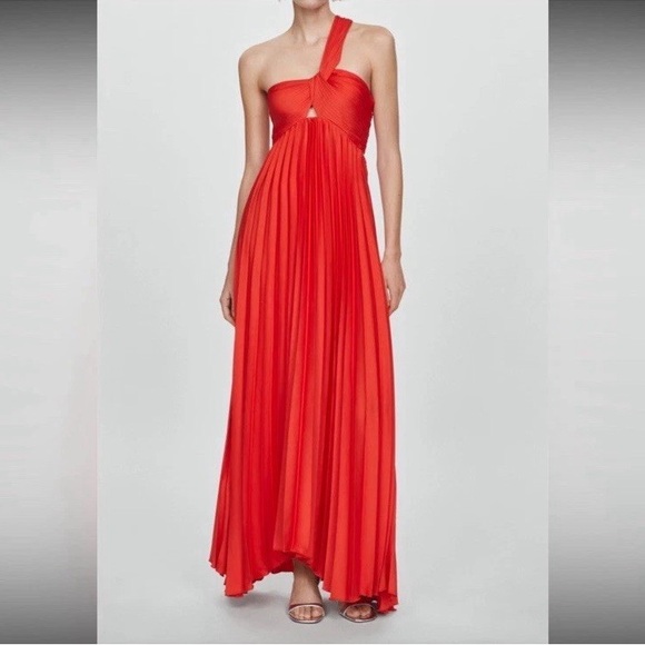 NWT Mango Mng Asymmetrical Red Pleated Maxi Dress One Shoulder XS - Picture 1 of 8